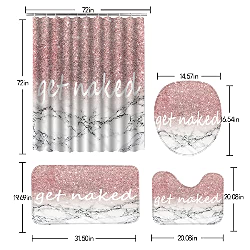 Get Naked Shower Curtain Set With Rugs, 4Pcs Marble Pink Bath Shower Curtain With Non-Slip Rug Bath Mat, Toilet Lid Cover Set For Bathroom, Shower Curtain With 12 Hooks Bathroom Decor 72 X 72 Inch #TOP4