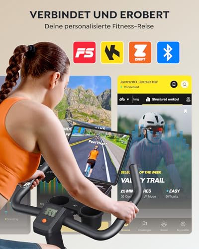 Hometrainer Fahrrad, Heimtrainer Fahrrad mit App, Ultraleise, Ergonomisches Design, 100 Widerstandsstufen, Herzfrequenzmesser, Flaschenhalter und Hantelablage, 160 KG Belastbarkeit – Bild 3