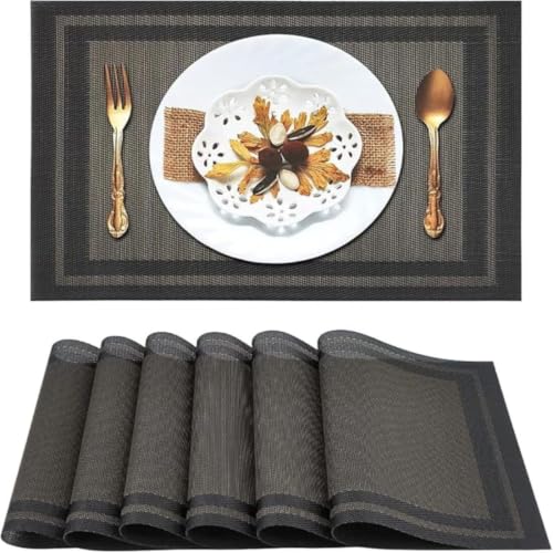 Image of Potency Table Mats Set of 4, Woven Placemate for Dining Table, Heat-Resistant Placemats Stain Resistant Anti-Skid PVC Table Mats, Vinyl Placemats for Dining Kitchen Restaurant Table (F-BlackGold)