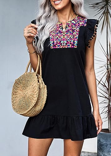 KIRUNDO Women's 2025 Summer Mini Dress Casual V Neck Floral Embroidered Ruffle Sleeveless Shift Flowy Boho Dress2