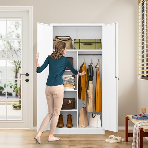 Image of Wide & Deep Metal Storage Cabinet with Hanging Rod,White Broom Closet Storage Cabinet with Lock,72 inch Tall Wardrobe Cabinets with Doors and Shelves,Locking Steel Tool Cabinets for Home,Office,Garage