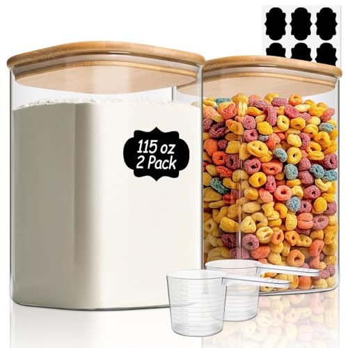 ComSaf Set di 2 contenitori per alimenti in vetro da 3260 ml, grandi contenitori con coperchio, barattoli quadrati in vetro con coperchio, per farina e zucchero, cereali, riso, pasta, avena, chicchi
