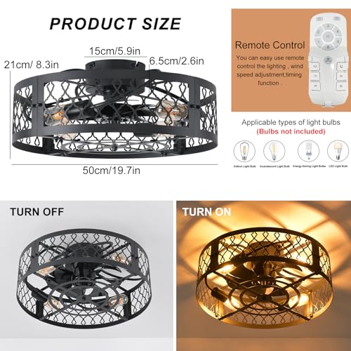 Image of Garwarm 19.6in Caged Ceiling Fan with Light, Bladeless Black Fandelier Ceiling Fans with Lights, Industrial Farmhouse Samll Fan Lights Ceiling Fixtures for Kitchen, Bedroom（6 Speed, Timing）-Black