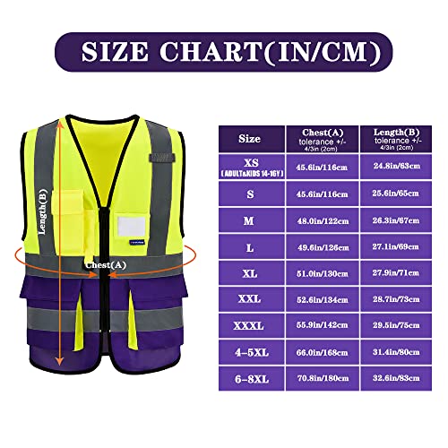 Image of Reflective Construction Vest, 7 Pockets, Zipper, Yellow /Purple, L | Yellow /Purple L work vest with reflective strips, mic tabs and 7 pockets for specialized technicians and laboratory work.