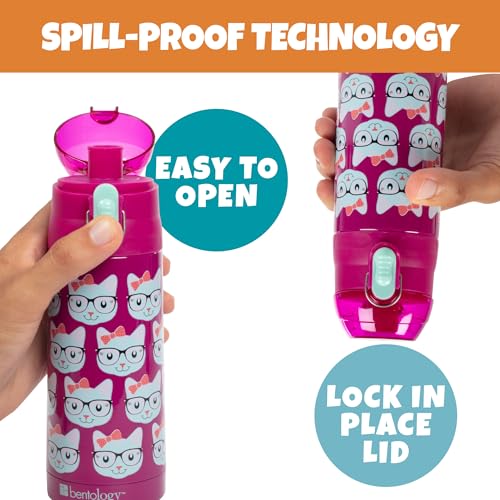 Image of Bentology Stainless Steel 13 Oz Reusable Water Bottle for Kids, Kitty Cat | Double Wall Insulated, Spill Proof Lid W /Built-in Straw- Keep Liquids Hot or Cold- Easily Fits in Lunch Boxes & Bags