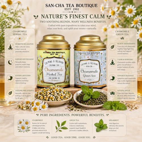 Image of Sancha Tea Boutique, Combo Pack, Chamomile Herbal (50g) & Green (100g), Relaxing & Calming Floral Blends, Herbal Tisane + Whole Leaf Green, Real Flowers & Leaves