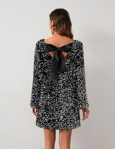 Womens Long Sleeve Sparkly Sequin Mini Dress Backless Bow Tie Short Dress Loose Fit Party Cocktail Glitter Dresses4