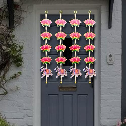 Image of Rajasthan Kraft Pack of 4 Handmade MDF Lotus Decorative Hanging with Beads & Bell Traditional Door & Wall Decor for Makar Sankranti, Lohri, Wedding & Festive Home Decoration 24 x 4 Inch (RK-H-197-4)