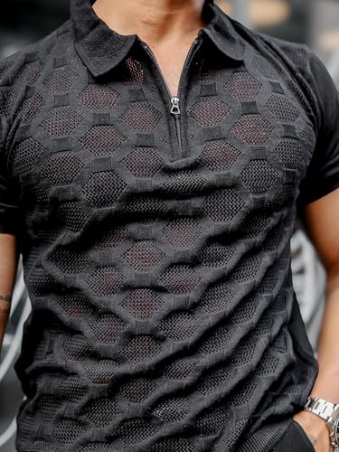 Image of Maniac || Mens || Solid Textured || Half Zip || Polo Neck || Half Sleeve || Cotton || T-Shirt