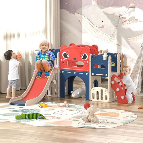 NYEEKOY 9-in-1 Toddler Slide and Climber Playset Freestanding Indoor Outdoor Kids Slide for Age 1-8, Backyard Playground with Basketball Hoop,Telescope,Storage Space - Thumbnail 7