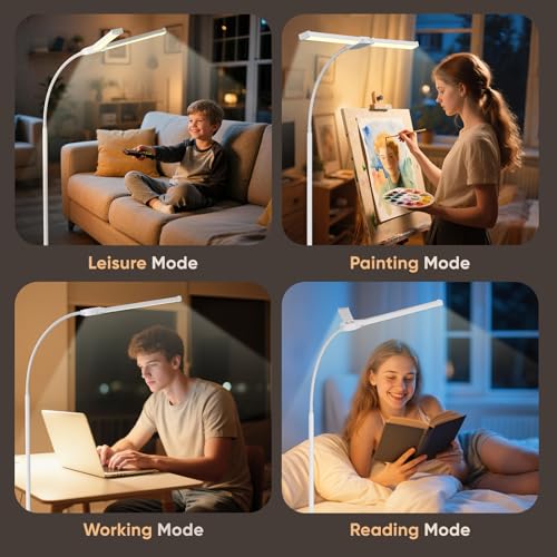 Image of LED Floor Lamp for Living Room, Bright Reading Lamps for Office | 5 Adjustable Colors Temperatures&Brightness, Dual Head Goose Neck Standing Lamp, Remote Control, Eye-Caring Tall Lamp, White