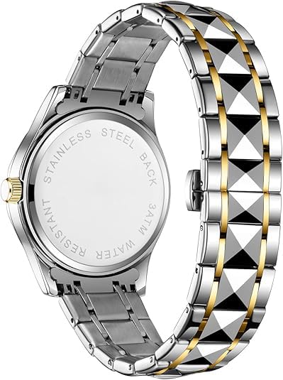 Gosasa Luxury Men's and Women's Business Diamond Stainless Steel Waterproof Roman Numeral Analog Quartz Watch with Day-Date Calendar, Gold and Silver Tone