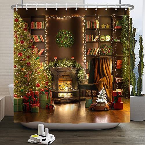 SDOTPMT 180x243cm Merry Christmas Shower Curtain Christmas Tree Fireplace Gift Bath Curtain Vintage Book Shelf Winter Holiday Pine Tree Leaf Curtain for Kids Bathroom Fabric Polyester with Hooks - Image 3
