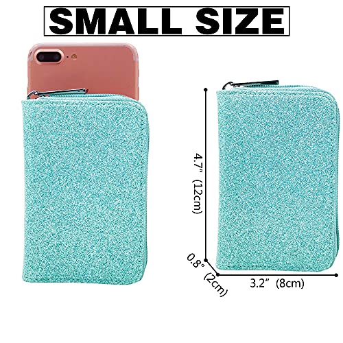 Image of Easyoulife Genuine Leather Credit Card Holder Zipper Wallet With 26 Card Slots, Glitter Teal, Medium, Rfid Wallet