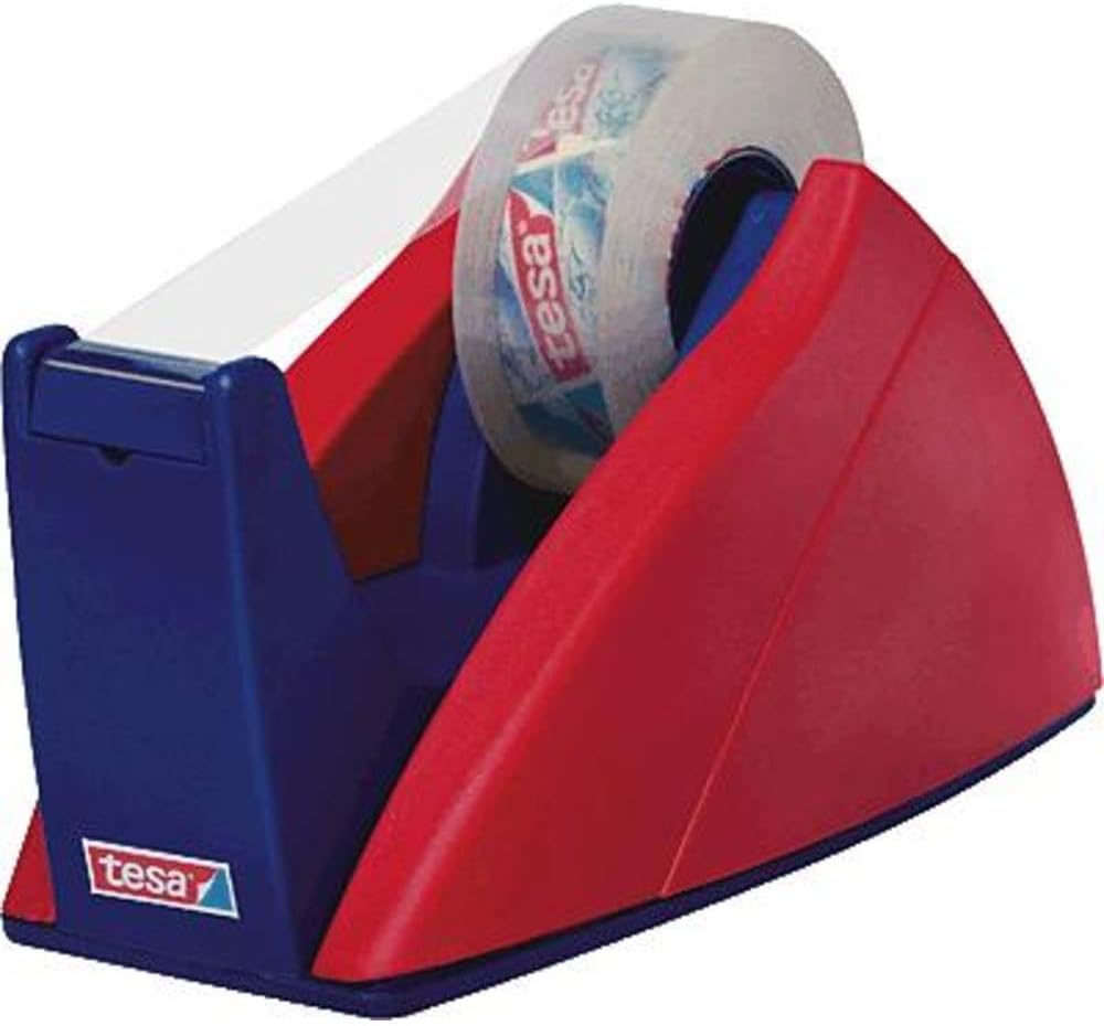 tesa Easy Cut Desk Dispenser Professional - Refillable, Nonslip Tape Dispenser for Adhesive Tape Rolls Up to 33 m x 19 mm - Red/Blue