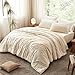 Luxudecor Beige Tufted Comforter Set Queen Size 3 Pieces Boho Shabby Chic Comforter Farmhouse Embroidery Bedding Set Soft Comforter for All Seasons (Beige, 90''x90'')
