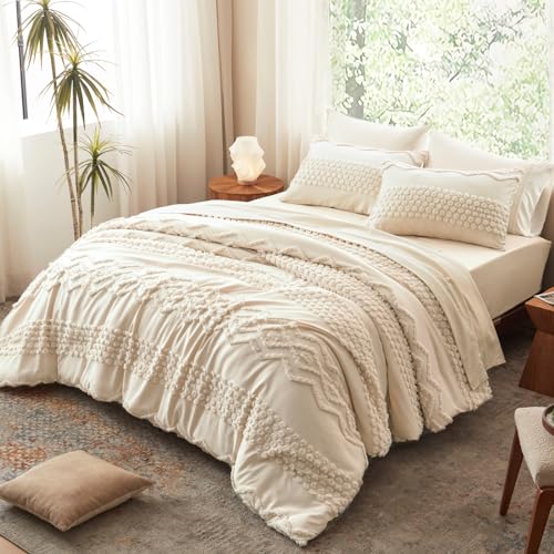 Image of Luxudecor Beige Tufted Comforter Set Queen Size 3 Pieces Boho Shabby Chic Comforter Farmhouse Embroidery Bedding Set Soft Comforter for All Seasons (Beige, 90''x90'')