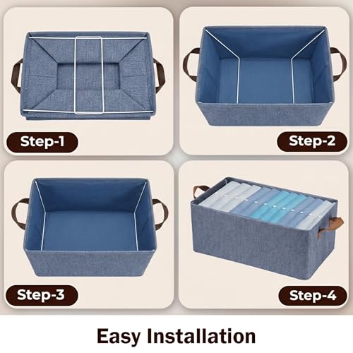 Image of Prime Pick Storage Box Foldable Cloth Organizer Breathable Non Woven Fabric Washable Durable Clothing Storage Bin with Reinforced Handles Wardrobe Organizer Blue XL Size Pack of 1