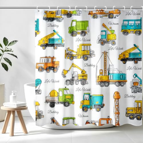 Aimego Cartoon Construction Vehicles Shower Curtain Boys Kids Truck Excavator Dump Truck Crane Tractor Nursery Bathroom Bath Decor Bathtub Curtain Fabric Shower Curtain Set with 12 Hooks, 72"x72"