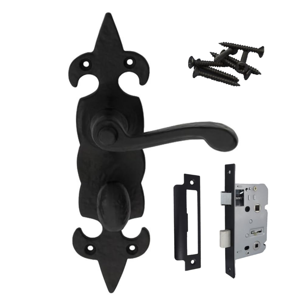 Epsom Door Handle Fleur de LYS Black Wrought Iron Door Handle Range – Traditional Cottage Style | Latch, Lock & Bathroom Options | 1, 4 or 6 Pack (Bathroom Version)