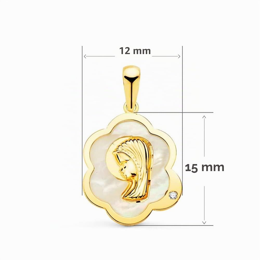 Virgen Niña medalla oro 18k Primera Comunión 15mm. nácar forma nube circonita