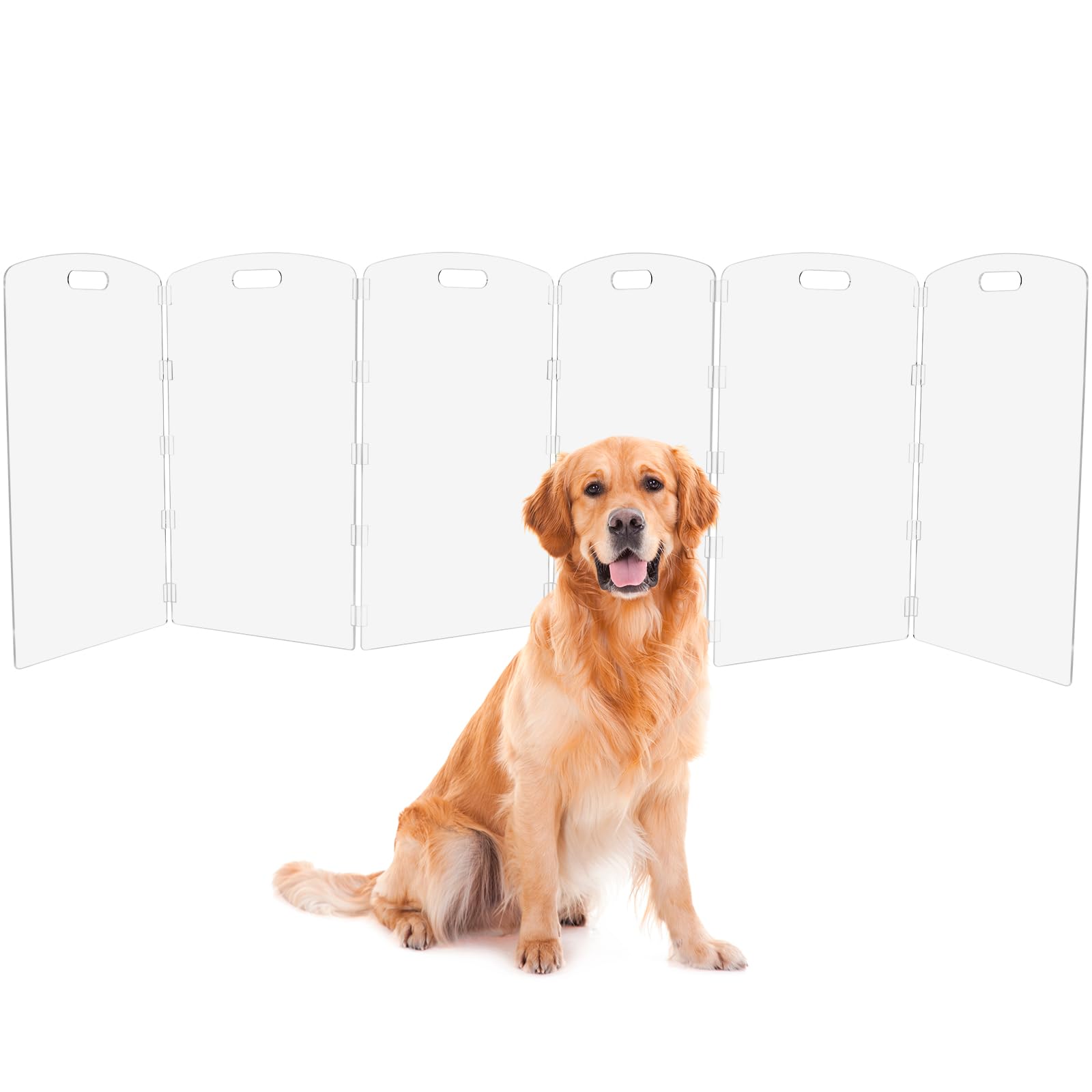 Modern Frame Clear Acrylic Freestanding Dog Gate - 32" Tall Extra-Wide Folding 6-Panel Pet Barrier for Doorways, Stairs & Large Openings, Indoor Fence