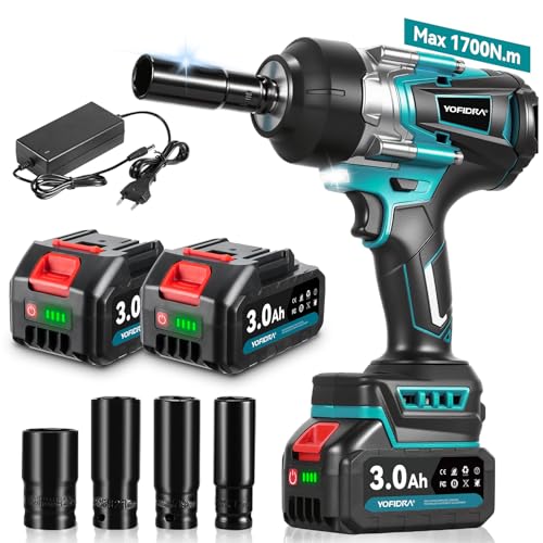 Yofidra Llave de Impacto Inalámbrica sin Escobillas 1700 Nm,1/2' Llave de Impacto Eléctrica 2 Batería 3000 mAh, 3 velocidades, luz LED, 4 vasos, Pistola de Impacto Baterías para y maquinaria pesada