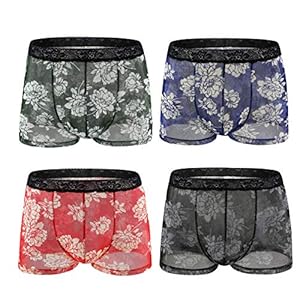 YOCIA Set van 4 boxershorts voor heren met kanten print, transparant kant, ademend ondergoed, sexy boxershorts