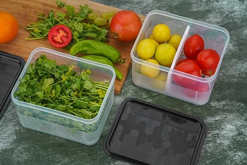 Image of Xiran Fridge Storage Containers, Storage Box for Kitchen, Refrigerator Organizer Containers, Kitchen Storage Box, 2 Partition, Fridge Storage Boxes, Pantry Organization (Pack of 6, 2300Ml)