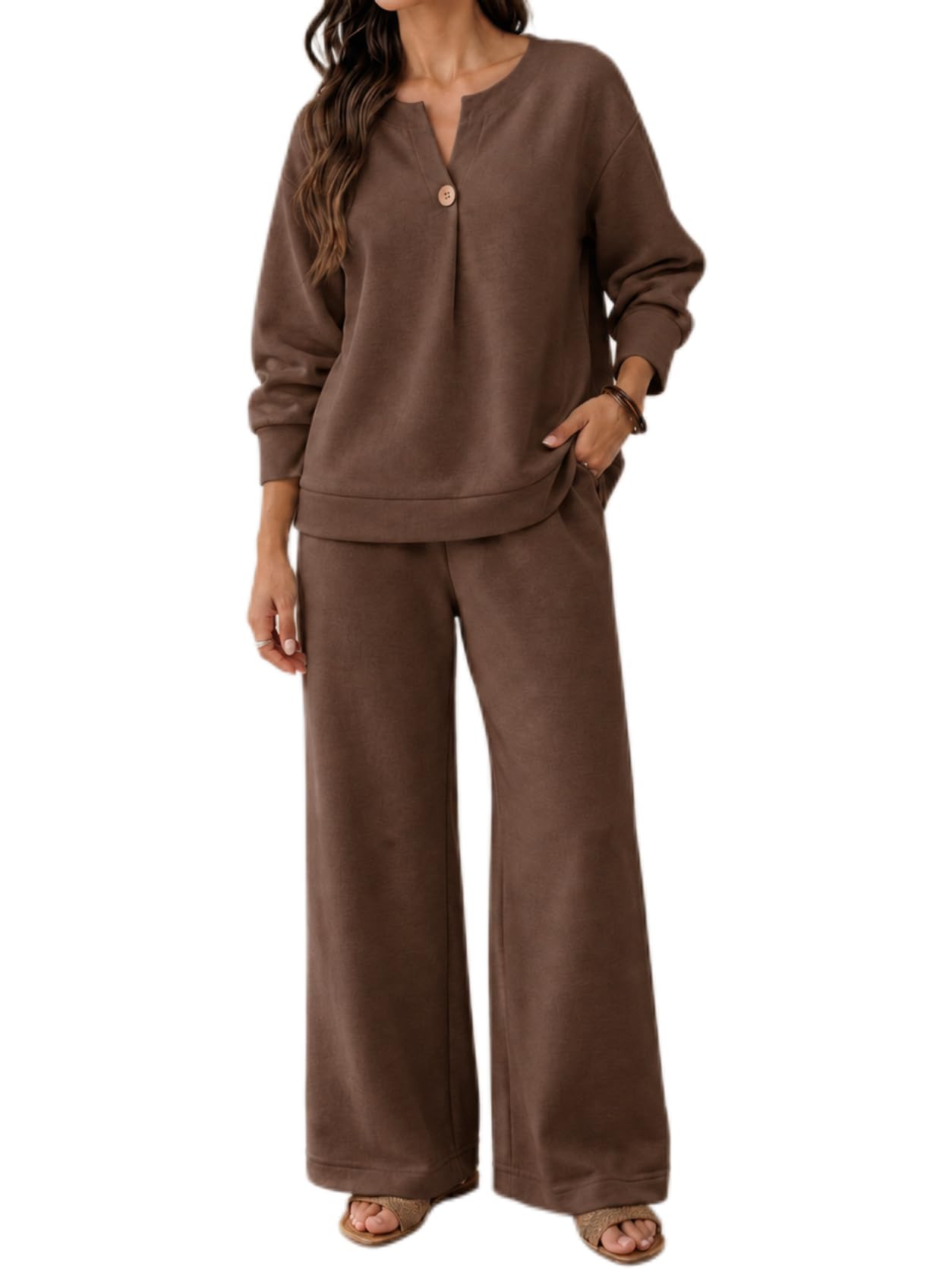 Conjunto de 2 piezas para mujer, sudadera de manga larga con cuello en V y botones, pantalones de pierna ancha a juego, ropa de viaje