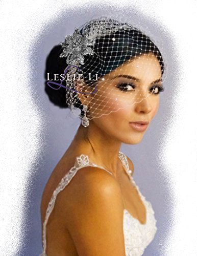 Leslie Li™ Women's Birdcage Bridal Veil & Crystal Encrusted Blooming Flower Brooch Ivory/Silver 27-428