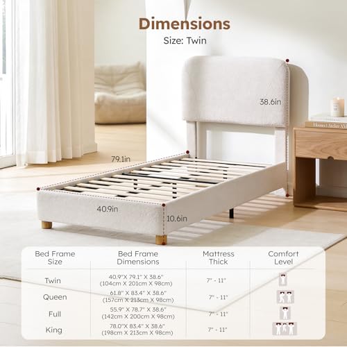 Image of Twin Size Cloud Platform Bed for Kids, Soft Boucle Toddler Bed Frame, Cream