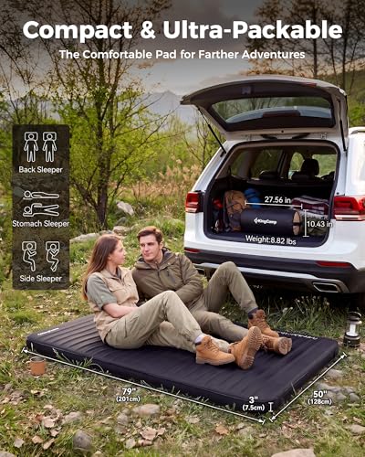 Image of KingCamp Premium Double Self Inflating Sleeping Pad, 7.5 R-Value Air & Foam Camping Mattress 2 Person, 3 inch Thick Double Size Insulated Sleeping Pad with Pump Sack for Car Camp Tent, PVC Free, Black