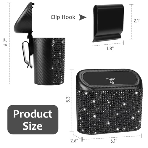 Image of Accmor Bling Car Trash Can with Lid, Mini Vehicle Trash Bin, Car Dustbin Garbage Organizer with 60 Trash Bag, Leakproof Auto Storage Bag Container for Car, Home, Office (Carbon Fiber&Black Rhinestone)