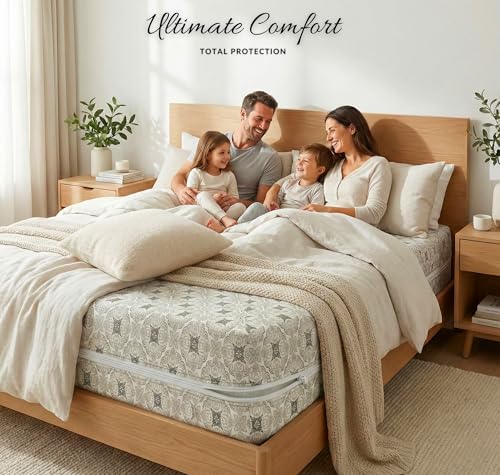 Image of VAS COLLECTIONS Premium Cotton Printed Mattress Protector with Zipper | 360 All-Around Encasing Bed Cover for Complete Protection | Single Mattress Cover 72x36+6 Inches (6 x 3 Feet) (Light Slate)