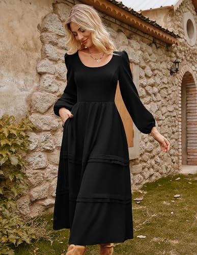 GRACE KARIN Long Sleeve Dresses for Women 2025 Fall Outfits Puff Crewneck Wedding Guest Casual Dresses with Pockets2