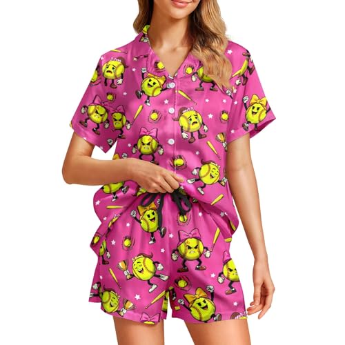 Image of Funny Pajamas for Women Set Print Satin Loungewear Pjs Short Sleeve Button Down Top and Shorts Sets Sleepwear XS-3XL