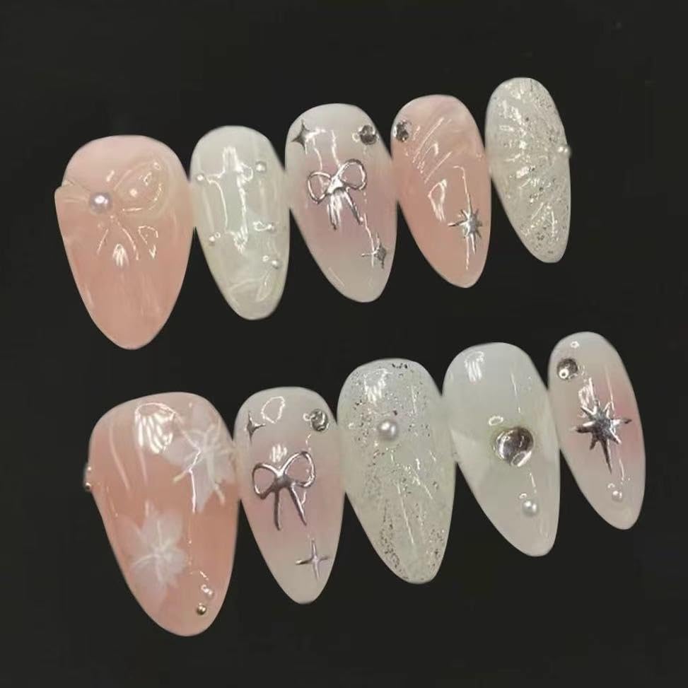 GREENTEA Handmade Elegant Press on Nails, Pink and White with Bow Design, Glitter and Rhinestone Accents, Size-M
