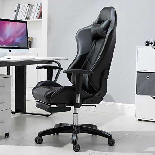 LZQ Racing Sportsitz Gamingstuhl Bürostuhl mit Fußstützen, PU Kunstleder Bürodrehstuhl, Chefsessel Schreibtischstuhl Drehstuhl mit Armlehnen, Wippfunktion und Höhenverstellbar (Grau-Schwarz) - 8