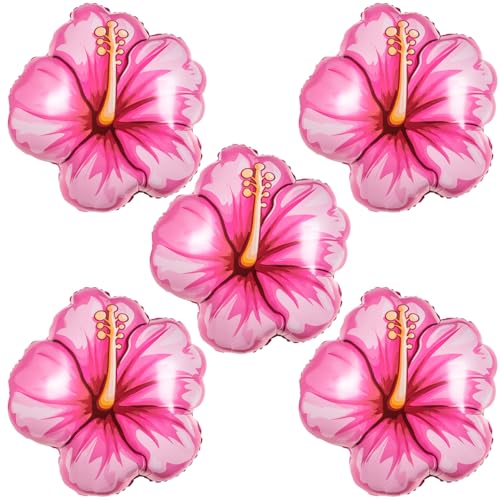 PCTCSHQ 5Pcs Tropical Hibiscus Foil Balloons Pink Hibiscus Flowers Balloon for Magic Theme Summer Hawaiian Luau Aloha Birthday Party Decorations
