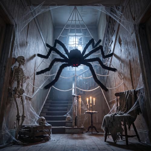 Image of Land Guard 236'' Big Spider Web Halloween Decor+70'' Huge Spider for Roof with Triangular Big Web for on House Outside and Inside