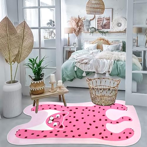 Lacomfy Kids Carpet Leopard Print Rug Pink Animal Shape Area Rug for Kids Room Bedroom Cartoon Runner Dark Pink Fluffy Mat for Teens Girls Soft Floor Rug for Playroom Nursery, 2.6x5.2ft