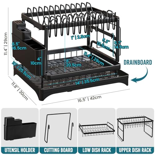 Image of TAILI Dish Drying Rack for Kitchen Counter with Drainboard, Large 2 Tier Dish Rack and Drainboard Set with Cutlery Holder
