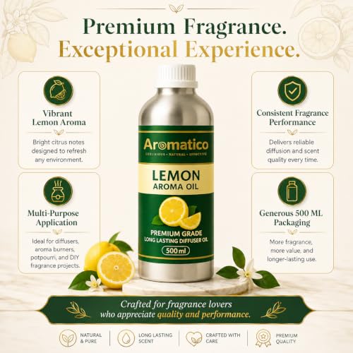 Image of AROMATICO Lemon Diffuser Oil with Strong, Long-Lasting Aroma for Homes, Offices & Showrooms | For Aromatherapy, Diffusers, Air Purifiers, Vaporizers - 500ML