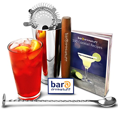 bar@drinkstuff Kit per la preparazione di cocktail, contiene: uno shaker Boston, un cucchiaio intrecciato, un pestello di legno, uno scolapasta Hawthorne e un ricettario in inglese