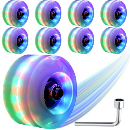 Light Up Roller Skate Wheels with Bearings Installed for Outdoor or Indoor 8 Pack of 58×32mm, Skateboard and Quad Skates Accessories (B-Multicolor - RBG)