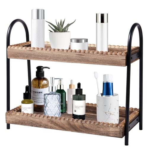 BDBDYEAY Bathroom Countertop Organizer, 2 Tier Vanity Organizer and Storage for Cosmetic Skincare Perfume, Wood Bead Storage Shelf for Bathroom Kitchen Coffee Station