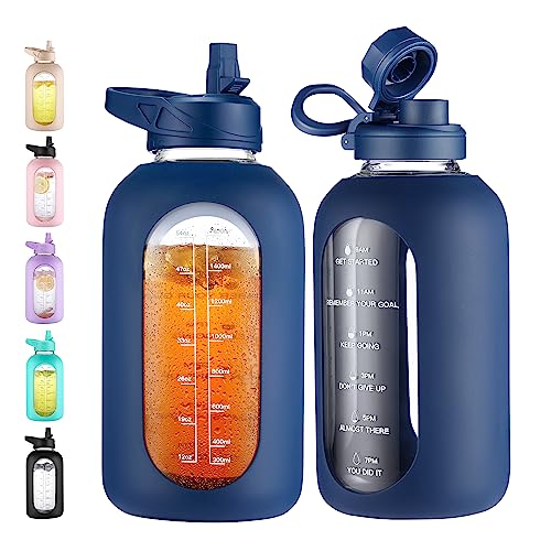 Comparison: Best Water Jug With Straw 11 CIVAGO 64 oz Glass Water Bottle Jug with Straw and Handle, Half Gallon Sports Motivational Bottle with Time Marker and 2 Lids, Large Flask Canteen with Silicone Sleeve for Gym, Navy