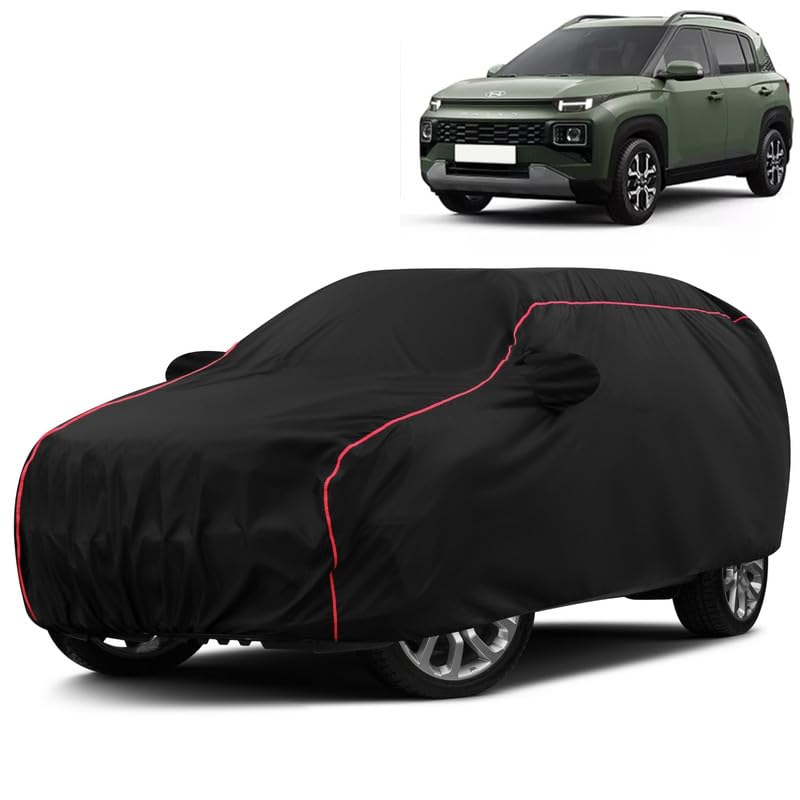 VOICO Water-Resistant Dustproof Car Cover for Hyundai Exter - Mirror Pocket, UV Protection, Scratch Guard, Buckle Belt, Front & Back Bottom Elastic with Red Piping - Black-image-12