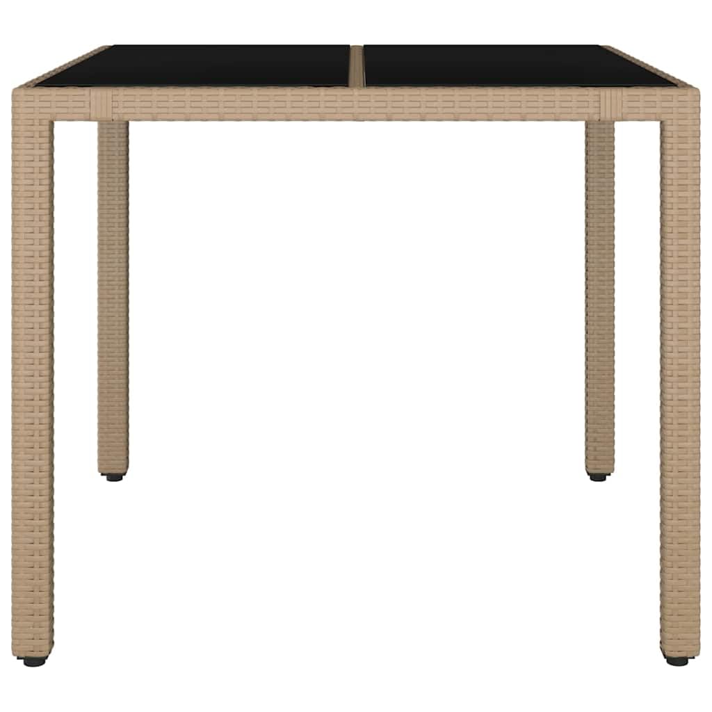 Mesa de jardín con tapa de cristal beige de poliratán y cristal templado para terraza, jardín, exterior, mesa resistente a la intemperie con marco de acero, ratán de polietileno duradero